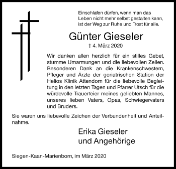 Traueranzeige von Günter Gieseler von Siegener Zeitung