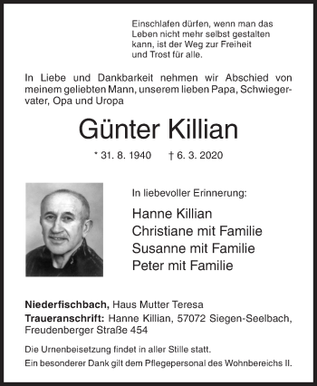 Traueranzeige von Günter Killian von Siegener Zeitung