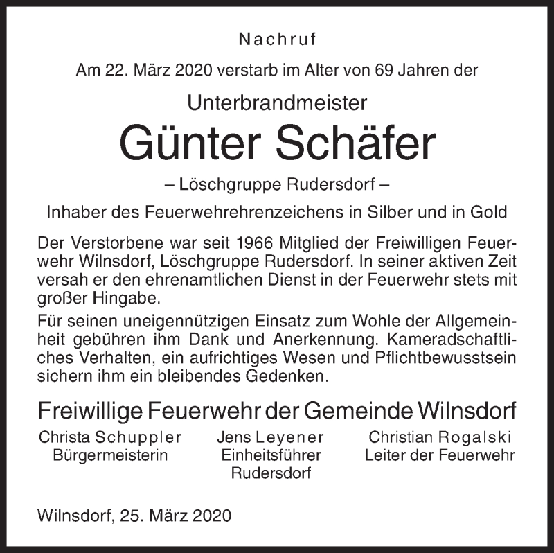  Traueranzeige für Günter Schäfer vom 26.03.2020 aus Siegener Zeitung