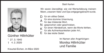 Traueranzeige von Günther Hillnhütter von Siegener Zeitung