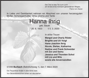 Traueranzeige von Hanna Ihrig von Siegener Zeitung