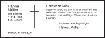 Traueranzeige von Hanna Müller von Siegener Zeitung
