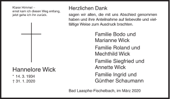 Traueranzeige von Hannelore Wick von Siegener Zeitung