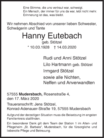 Traueranzeige von Hanny Eutebach von Siegener Zeitung