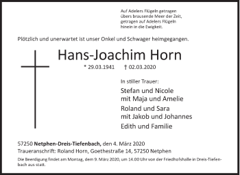 Traueranzeige von Hans-Joachim Horn von Siegener Zeitung