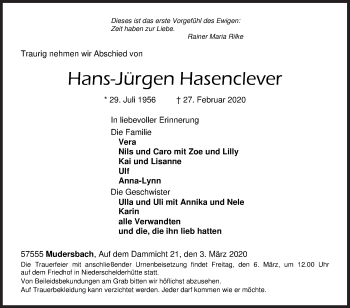 Traueranzeige von Hans-Jürgen Hasenclever von Siegener Zeitung