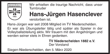 Traueranzeige von Hans-Jürgen Hasenclever von Siegener Zeitung