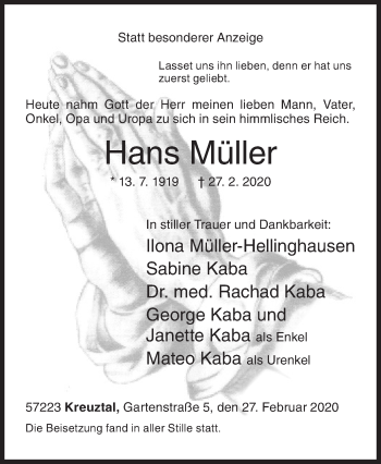 Traueranzeige von Hans Müller von Siegener Zeitung