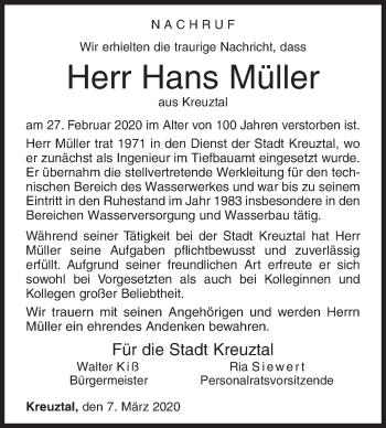 Traueranzeige von Hans Müller von Siegener Zeitung