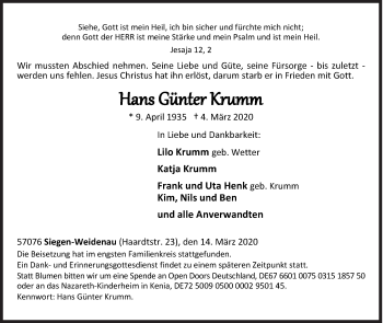 Traueranzeige von Hans Günter Krumm von Siegener Zeitung