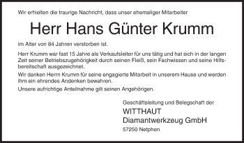 Traueranzeige von Hans Günter Krumm von Siegener Zeitung