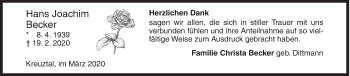 Traueranzeige von Hans Joachim Becker von Siegener Zeitung