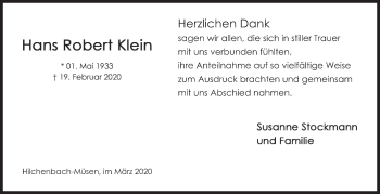 Traueranzeige von Hans Robert Klein von Siegener Zeitung