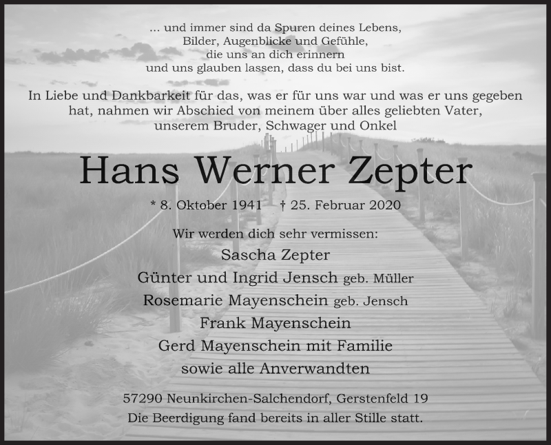  Traueranzeige für Hans Werner Zepter vom 07.03.2020 aus Siegener Zeitung