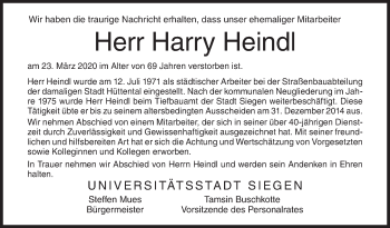 Traueranzeige von Harry Heindl von Siegener Zeitung