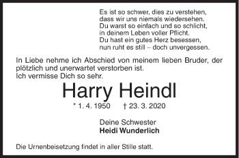 Traueranzeige von Harry Heindl von Siegener Zeitung