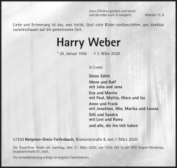 Traueranzeige von Harry Weber von Siegener Zeitung