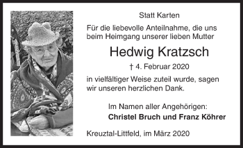 Traueranzeige von Hedwig Kratzsch von Siegener Zeitung