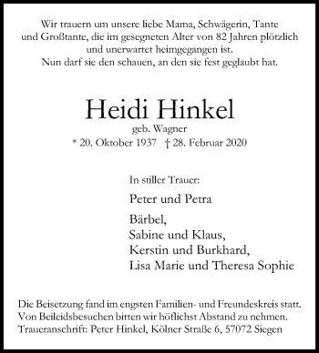 Traueranzeige von Heidi Hinkel von Siegener Zeitung