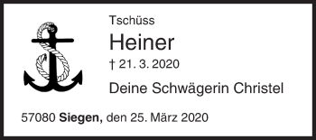 Traueranzeige von Heiner  von Siegener Zeitung
