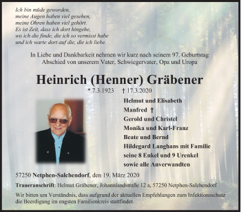 Traueranzeige von Heinrich Gräbener von Siegener Zeitung