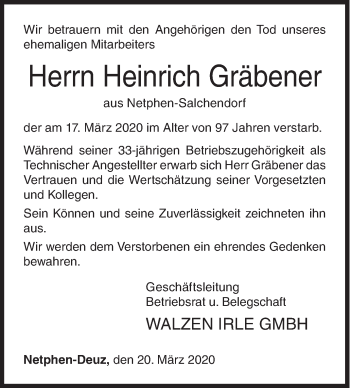 Traueranzeige von Heinrich Gräbener von Siegener Zeitung