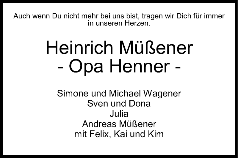  Traueranzeige für Heinrich Müßener vom 24.03.2020 aus Siegener Zeitung