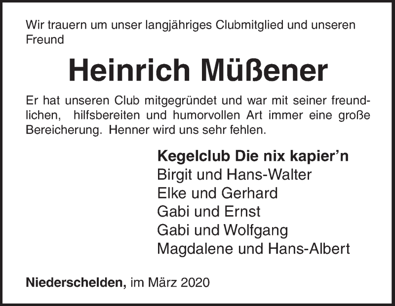  Traueranzeige für Heinrich Müßener vom 24.03.2020 aus Siegener Zeitung