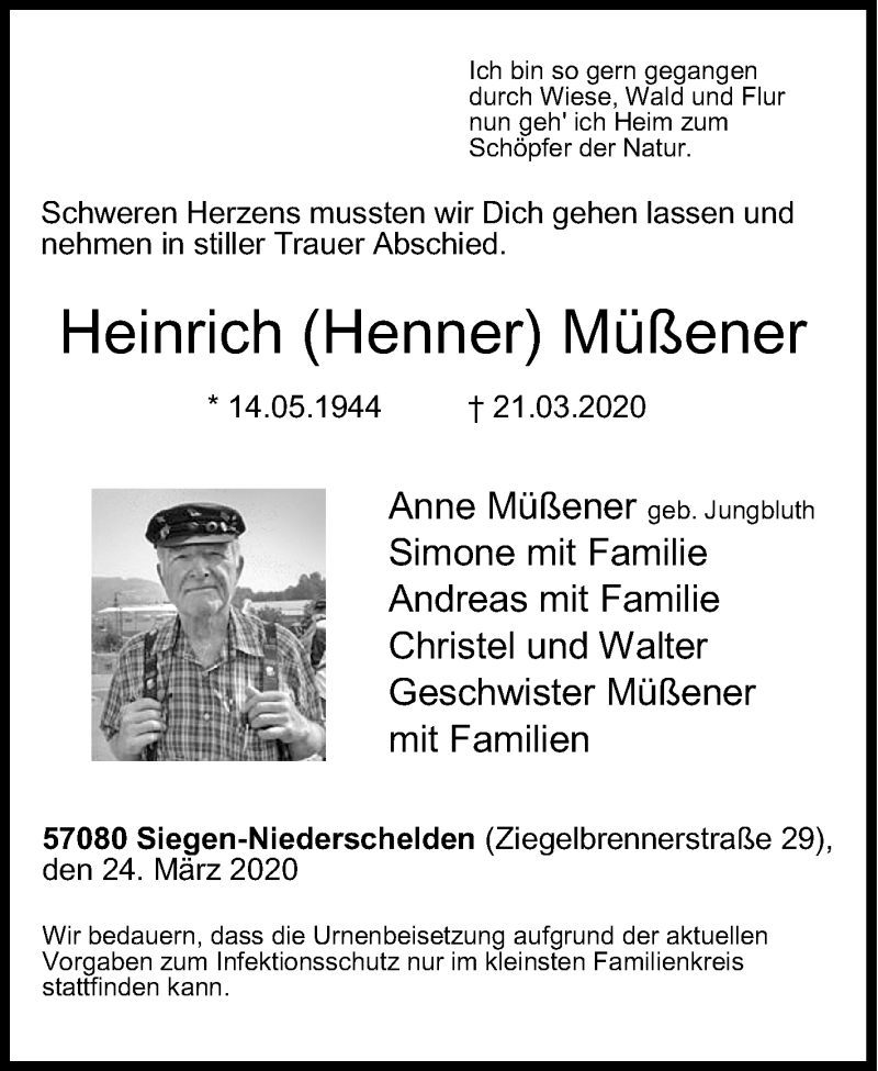  Traueranzeige für Heinrich Müßener vom 24.03.2020 aus Siegener Zeitung