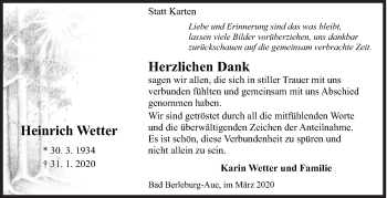 Traueranzeige von Heinrich Wetter von Siegener Zeitung