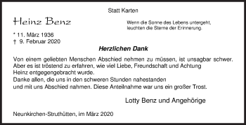 Traueranzeige von Heinz Benz von Siegener Zeitung