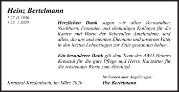 Traueranzeige von Heinz Bertelmann von Siegener Zeitung
