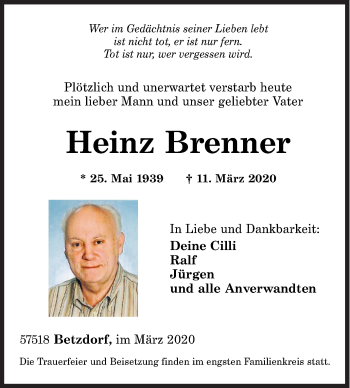 Traueranzeige von Heinz Brenner von Siegener Zeitung