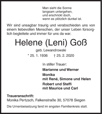 Traueranzeige von Helene Goß von Siegener Zeitung