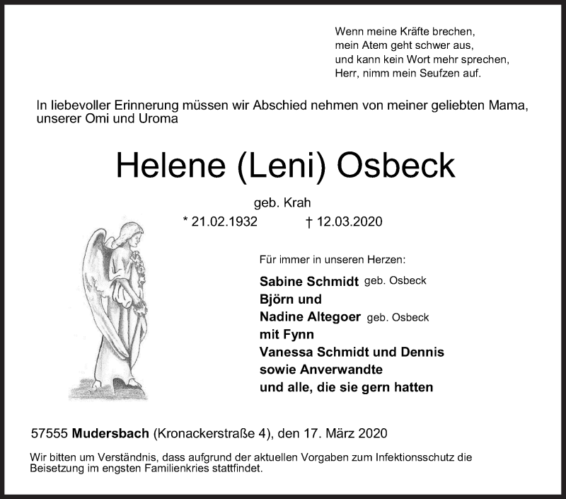  Traueranzeige für Helene Osbeck vom 17.03.2020 aus Siegener Zeitung