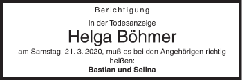 Traueranzeige von Helga Böhmer von Siegener Zeitung