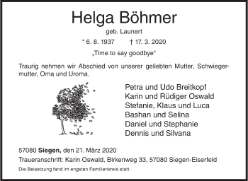 Traueranzeige von Helga Böhmer von Siegener Zeitung
