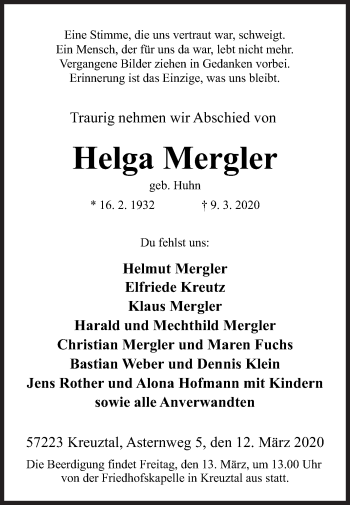 Traueranzeige von Helga Mergler von Siegener Zeitung