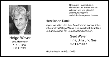 Traueranzeige von Helga Wever von Siegener Zeitung