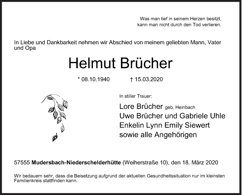  Traueranzeige für Helmut Brücher vom 18.03.2020 aus Siegener Zeitung
