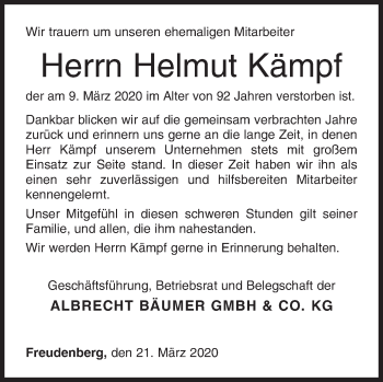 Traueranzeige von Helmut Kämpf von Siegener Zeitung