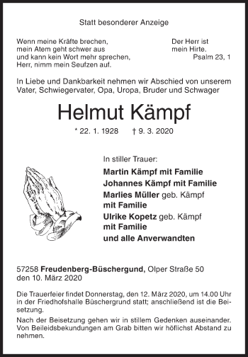 Traueranzeige von Helmut Kämpf von Siegener Zeitung