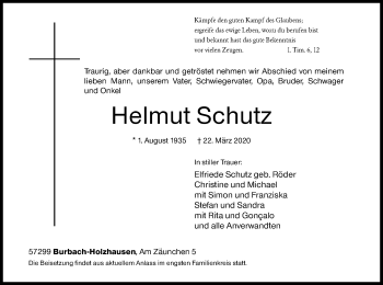 Traueranzeige von Helmut Schutz von Siegener Zeitung