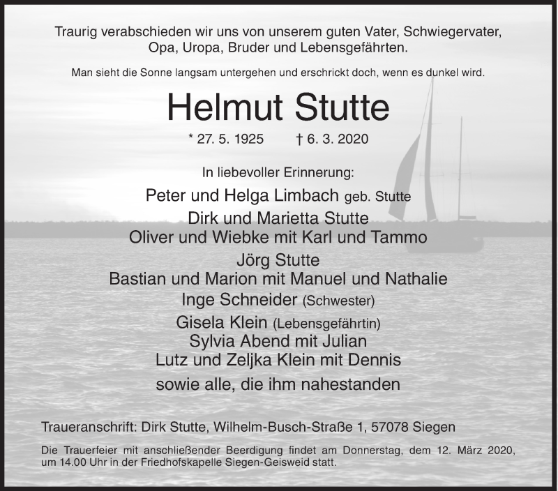  Traueranzeige für Helmut Stutte vom 10.03.2020 aus Siegener Zeitung