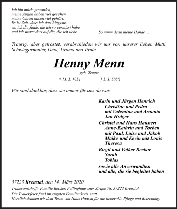 Traueranzeige von HennyMenn Menn von Siegener Zeitung