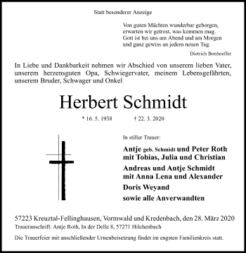 Traueranzeige von Herbert Schmidt von Siegener Zeitung