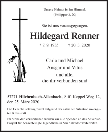 Traueranzeige von Hildegard Renner von Siegener Zeitung