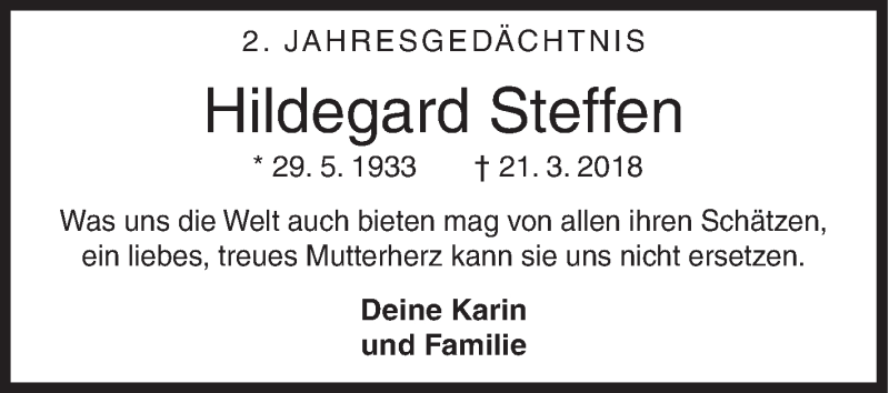  Traueranzeige für Hildegard Steffen vom 21.03.2020 aus Siegener Zeitung