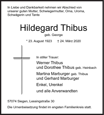 Traueranzeige von Hildegard Thibus von Siegener Zeitung