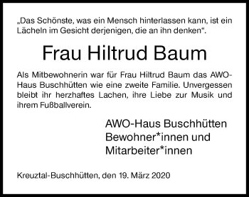 Traueranzeige von Hiltrud Baum von Siegener Zeitung